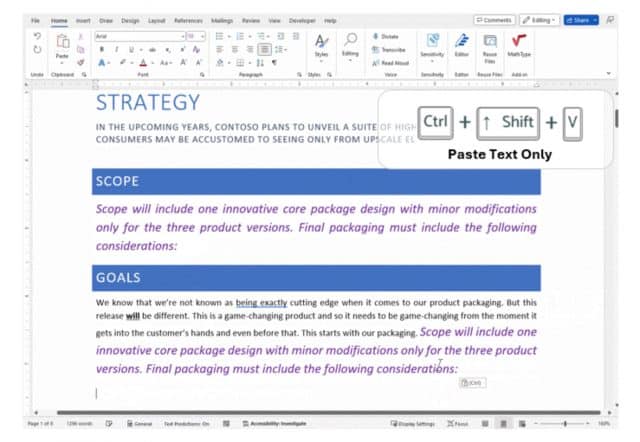 Paste Plain Text in Microsoft Word