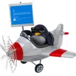 Penguin flying a plane holding placard with BSoD