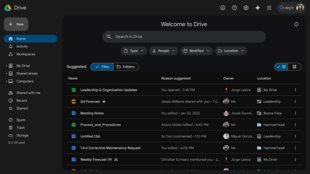 Dark mode in Google Drive web